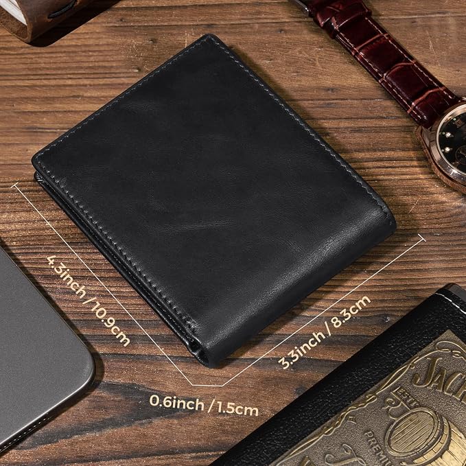 RUNBOX Men's Full Grain Leather Bifold Wallet - Crazy Horse RFID Blocking Slim Wallet with 2 ID Windows, 12 Card Slots & Dual Cash Pockets, Gift for Men - Image 6