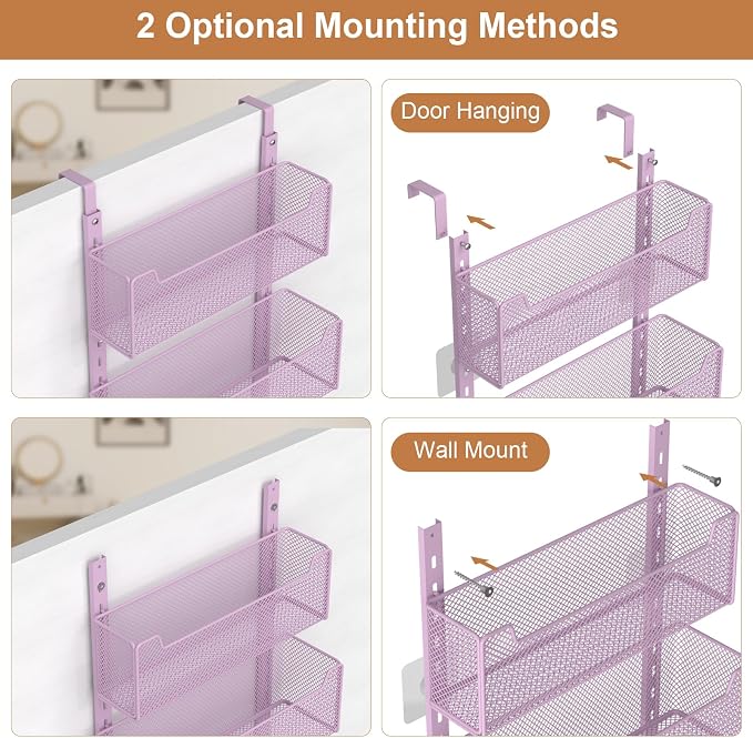 VyGrow Over The Door Organizer, Metal Door Organizer Hanging with 5 Adjustable Baskets and Coat Hook, Behind The Door Storage for Bedroom Closet Bathroom Pantry Cabinet Kitchen, Purple - Image 4