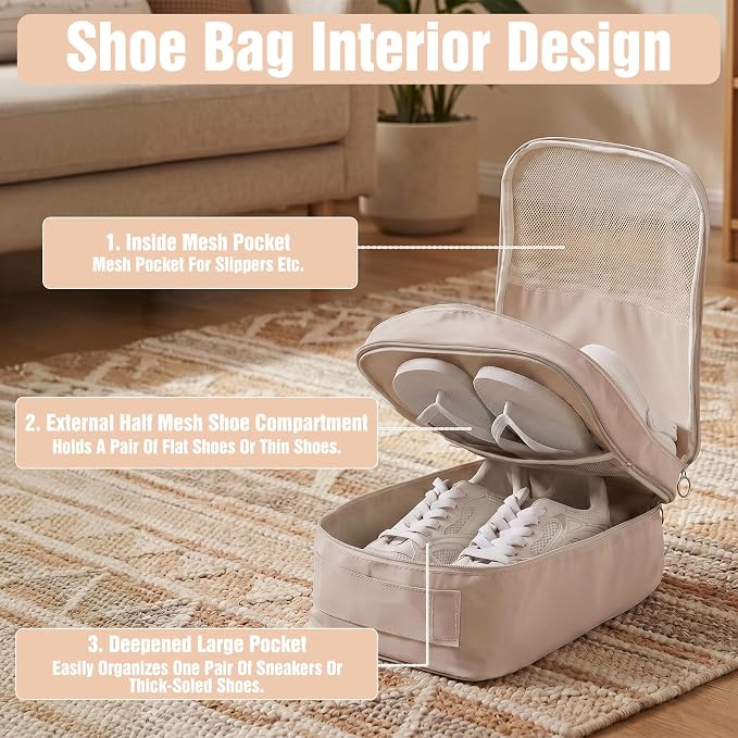 4 Pack Shoe Bags for Travel Holds 2 Pairs Each, Portable Travel Shoe Bag Organizer for Luggage, Durable Oxford Cloth Storage for Women Men (2 Black 2 Beige) - Image 6