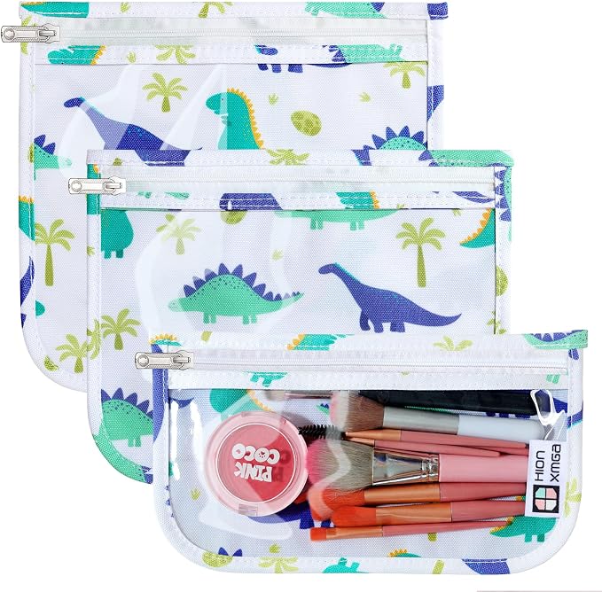 HIONXMGA Set of 3 Clear Travel Toiletry Bag, TSA Approved, Quart Size S/M/L | Clear Front Zipper Pouches Waterproof Cosmetics Bags for Women Kids Toiletries Baby Essentials Well-Organized, Dinosaur White by HIONXMGA