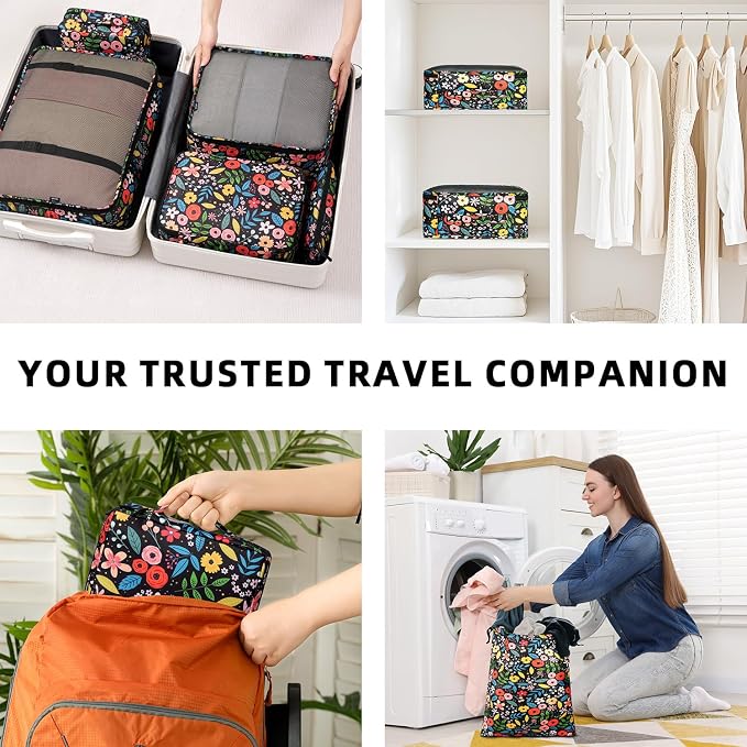 BAGAIL 8 Set Packing Cubes Luggage Packing Organizers for Travel Accessories-Black Floral - Image 8