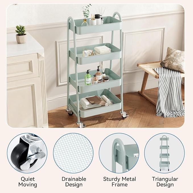 OLIXIS Metal 4 Tiers Rolling Storage Utility Cart with Lockable Wheels | Mobile Organizer Shelf, Space-Saving, Freestanding, Bathroom, Living Room, Slim, Narrow Corner Spaces, Green - Image 2