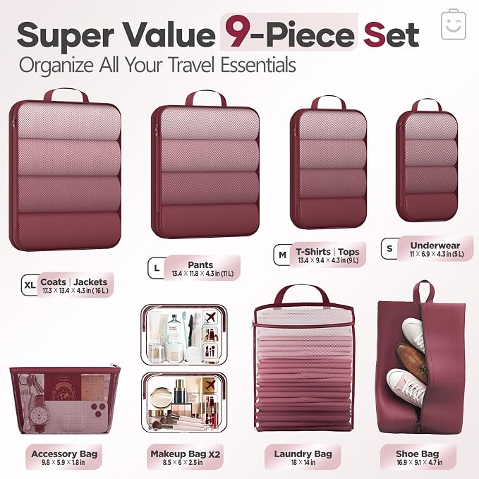 Veken 9/11 Set Compression Packing Cubes Garment Bags for Travel Essentials,Compressible Expandable Luggage Organizer Bags for Clothing,Space Saver Bags with Over 1000 pcs of Mesh Holes(Wine Red) - Image 2