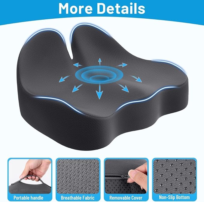 Memory Foam Seat Cushion, Ergonomic Office Chair Cushion for Long Sitting | Curved Tailbone Support Cushion for Car, Desk Chair and Wheelchair, Coccyx Comfort Pad with Breathable Cover, Gray - Image 3