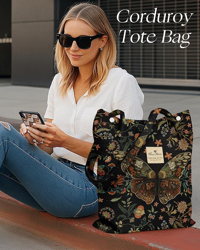 Miss Adola Corduroy Tote Bag for Women with Aesthetic Design | Magnetic Buckle & Pocket, Reusable, Soft, Roomy, Long Shoulder Handles, Double-sided Print, Casual Daily Work, Grocery Bags - Image 6