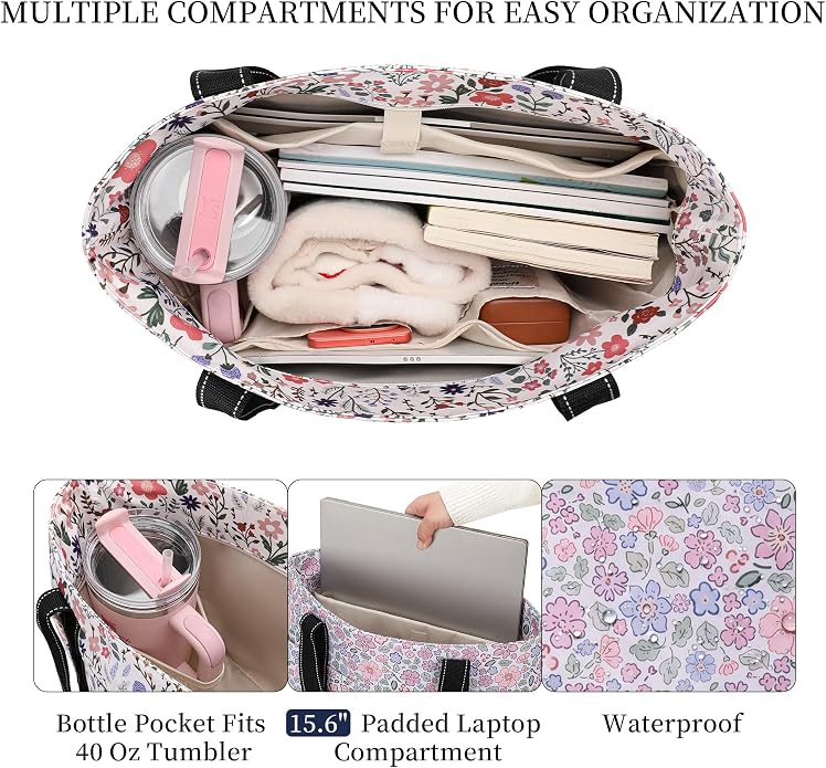 Tote Bag for Women with Laptop Compartment & Cup Holder,Nylon Bag for Work,Travel,Gym,Beach,Teacher,Nurse,School,Mom - Image 5