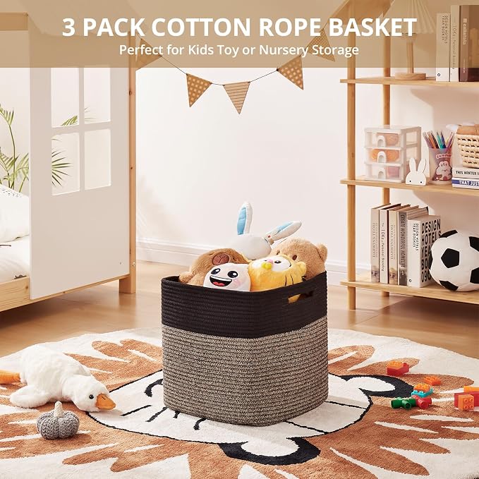 OIAHOMY 13 Inch Cube Storage Bins, 3-Pack Cotton Rope Woven Baskets for Organizing, Insert Storage Baskets for Shelves, Baby Nursery, Closet Organizer, 13 * 13 * 12.6IN, Black & Mixed Brown - Image 4