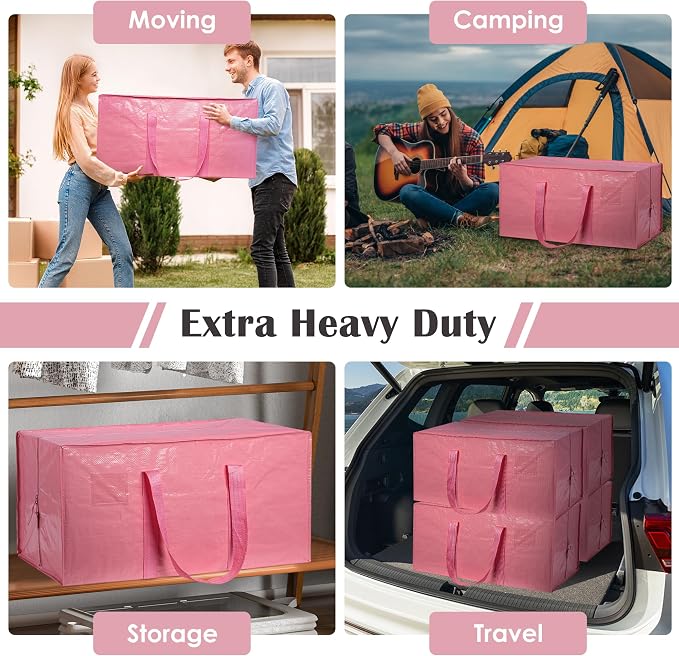 6 Pack Moving Bags with Full-Open Side Zipper, Extra Large 93L Heavy Duty Waterproof Foldable Storage Totes for College Dorm, Moving & Home Organization Pink - Image 7