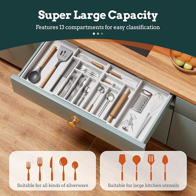 Magnetic Expandable Silverware Drawer Organizer, 13 Slots Utensil White | Magnetic Connected, Expandable 21-37.4 Inch, 13 Divided Slots, White Cutlery Utensil Organize Kitchen - Image 2