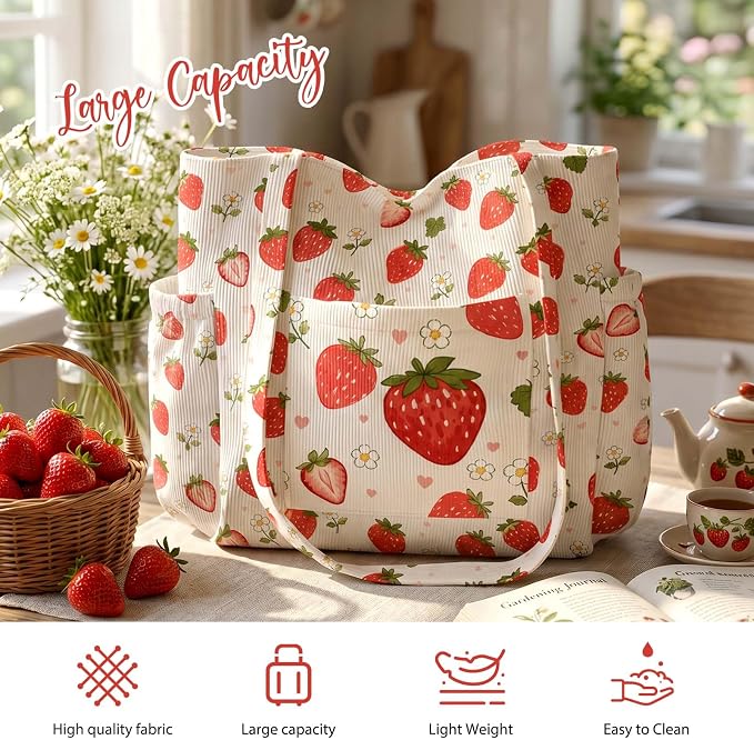 Corduroy Tote Bag for Women,Large Capacity Cute Tote Bags With 6 Pockets,Crossbody Shoulder Handbag for Work Travel Gym - Image 8