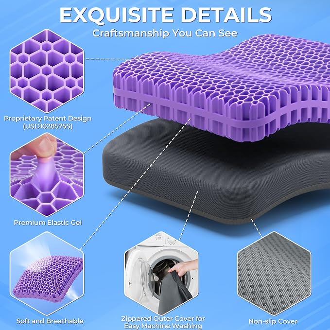 TushGuard Gel Seat Cushion for Long Sitting, Breathable Thick Patent Design | Enlarged Cooling Chair Pad for Office Chair, Wheelchair, Desk Chair, Supportive Car Cushion (2"Thick, Grey+Violet) - Image 4
