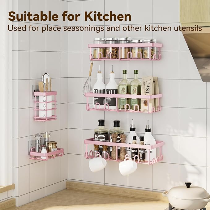 Shower Caddy Adhesive, Rustproof Shower Organizer, Wall Shower Rack | Large Capacity Shower Shelves for Inside Shower, Shampoo Shower Holder, Pink, 3 Caddies, 1 Soap Dish, 1 Toothbrush Holder - Image 8