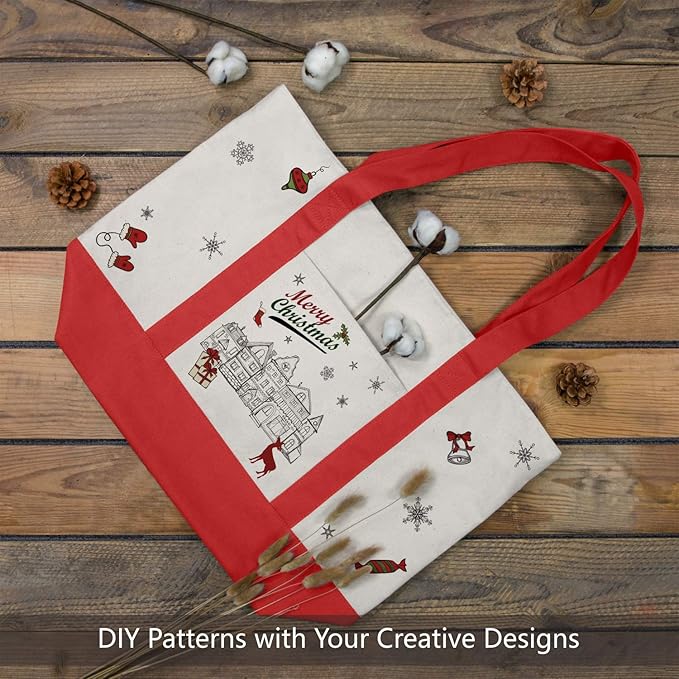 TOPDesign 3-Pack Canvas Tote Bags with an External Pocket, Reusable Grocery Shopping Bags, Top Zipper Closure, Daily Essentials (Red/Natural) - Image 3