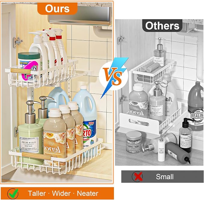 Under Sink Organizer, Height Adjustable Under Sink Organizers and Storage, 2 Tier Pull Out Drawer Cabinet Storage for Kitchen Bathroom, 1 Pack, White | cabinet organizer, 5 level adjustable, quiet sliding rails, dual suction and nano tape, no drill, ru... - Image 4