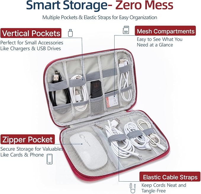 Cable Organizer Bag, Electronics Case for Cords, Chargers & Tech | Organize cables, chargers and power banks with elastic loops, mesh pockets and a slim design for travel. - Image 2
