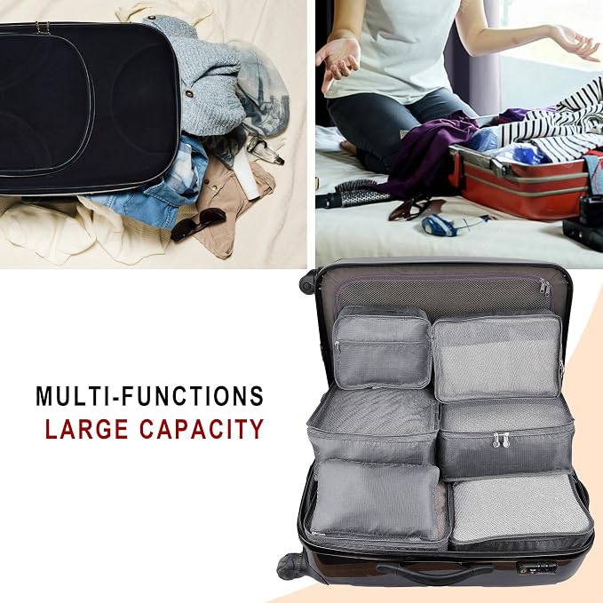 Vercord 7 Set Travel Packing Organizers Cubes Luggage Suitcase Organizer Bags Clothes Underwear Cube Shoe Pouch Pack Grey - Image 6