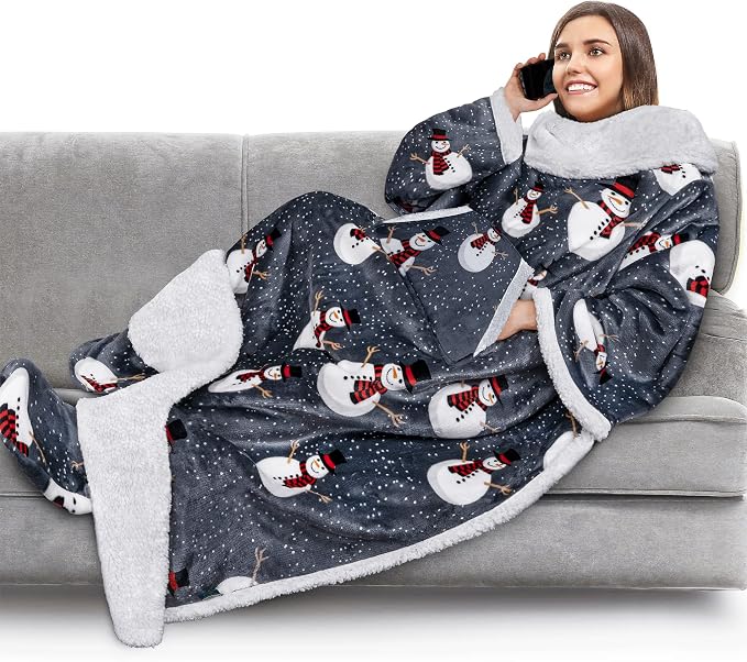 PAVILIA Sherpa Blanket with Sleeves, Foot Pocket for Women Men Adults, Thick Wearable Blanket Throw Wrap, Fleece Warm Snuggle Blanket Robe, Cozy Gift Ideas Wife Mom, Snowman Gray by PAVILIA