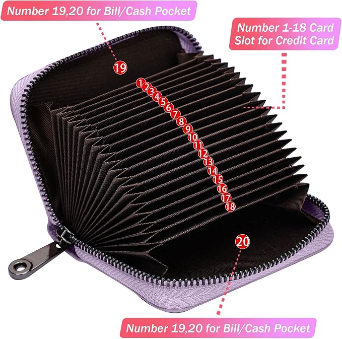 Linno RFID 20 Slots Credit Card Holder Genuine Leather Small Wallet for Women or Men with Zipper - Image 2