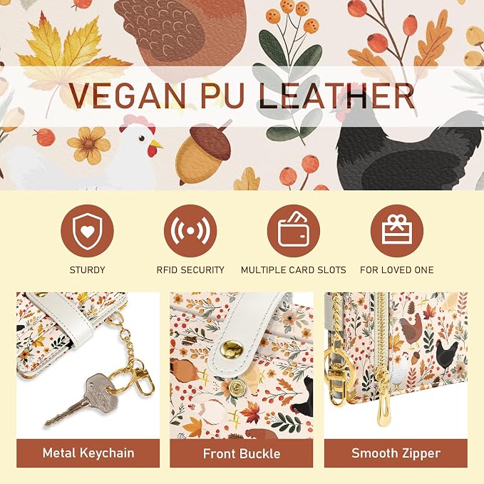 Jogjam Chicken Leaves Rfid Women Wallet, Small Slim Credit Card Holder | PU Leather Bifold Cash Zipper Coin Pocket ID Window, for Female Ladies Teen Girls Girly Gifts - Image 6
