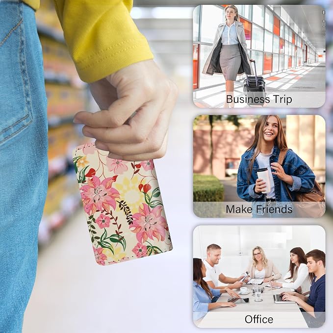 Business Card Holder，PU Leather Business Card Case Color Printing Pattern Card Holder Wallet，Pockets Magnetic Credit Card Holders for Men and Women - Red Yellow Flowers - Image 7