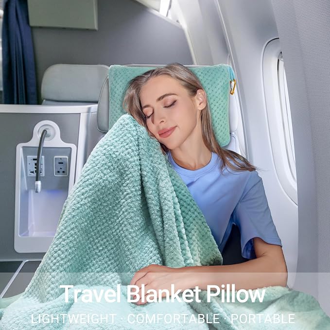 Compact Travel Blanket for Airplane, Premium Soft 2-in-1 Blanket with Pillowcase and Carry Bag, Lightweight Travel Essentials with Luggage Sleeve and Backpack Clip, Mint Green - Image 6