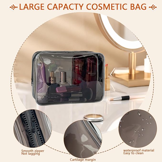 Waterproof PVC Makeup Bag - Leakproof Cosmetic Organizer for Travel Toiletry Storage 9.84×7.09×2.36 Inch for Women & Men (Black) - Image 3