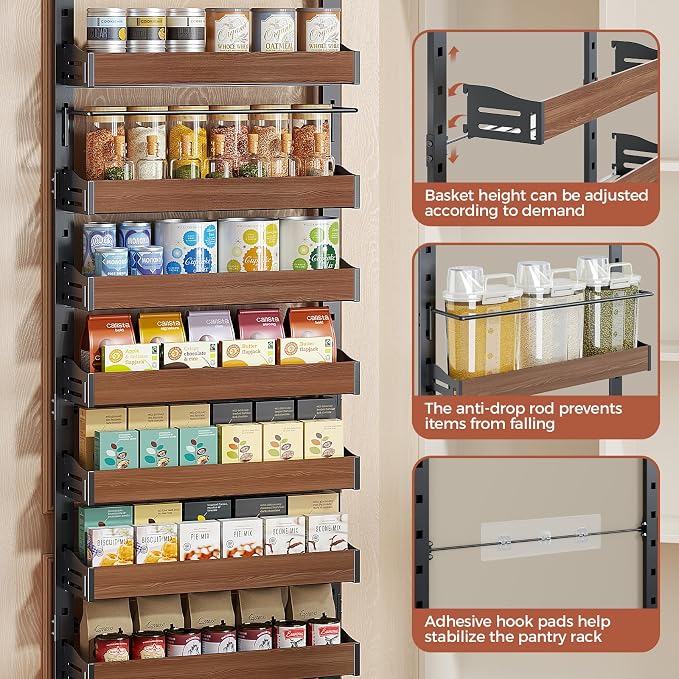 8-Tier Pantry Door Organizer, Over the Door Pantry Organizer with Wooden Adjustable Baskets, 2 IN 1 Spice Rack Wall Mount or Door Organizer, Door Spice Rack for Pantry（72.6×17.1×5.1in,Black) - Image 4