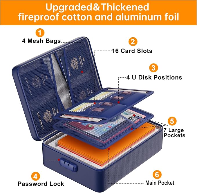 DocSafe 5200°F Fireproof Document Organizer Box with Lock, Blue (Soft) | Heat Insulated 8 Layers File Protection Bag,Water-Resistant Zipper,Portable Home Office Travel Safe Storage for Files,Laptop - Image 9