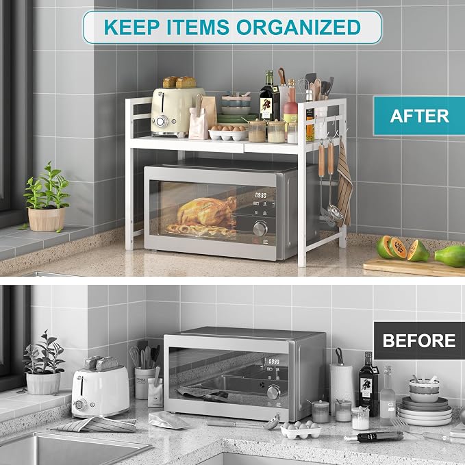 DOLALIKE Expandable Microwave Stand Kitchen Countertop Organizer, White | Adjustable Microwave Oven Rack Metal Storage Shelf with 3 Hooks for Pans Small Appliances Kitchen Utensils Tableware, 2-Tier - Image 6
