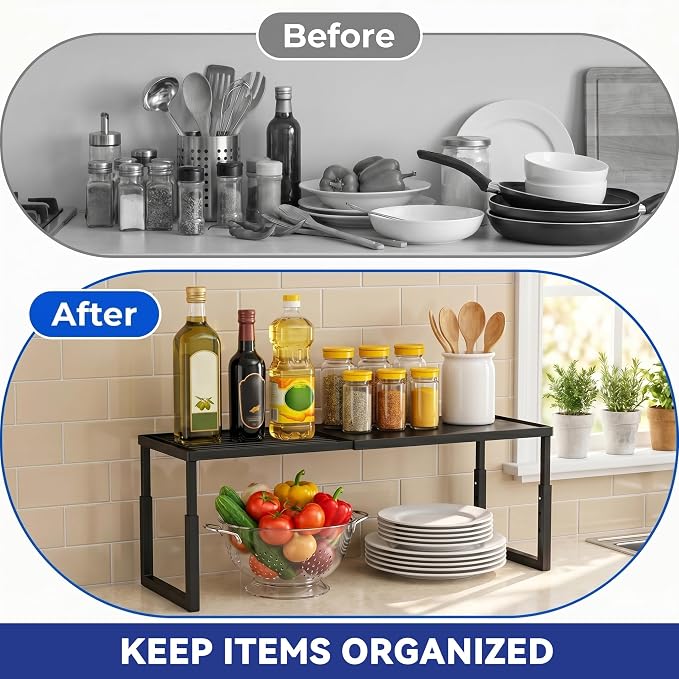 Expandable Cabinet Shelf Organizer, Stackable Countertop Shelves, Black | 15.8''- 25.5'' In Cabinet Shelf, Adjustable Kitchen Cabinet Organizer for Pantry Organizer, CupBoard Organizers and Storage - Image 2
