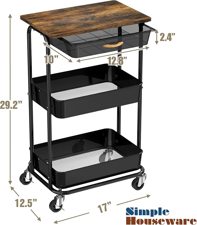 Simple Houseware 3-Tier Utility Cart with Drawer & Wood Top, Rustic Brown | Mobile Sofa Side Table, Nightstand, Slim Storage Organizer Trolley for Bedroom, Bathroom, Office & Art Supplies - Image 7