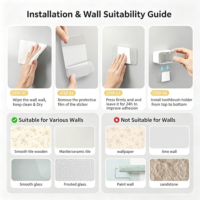 Toothbrush Holder Wall Mounted with Pop-Up Waterproof Cover, 2 Slots & Ventilated, No-Drill Adhesive Bathroom Organizer, Detachable Easy Clean, Fits Most Manual & Electric Toothbrushes (2pc Grey) - Image 9
