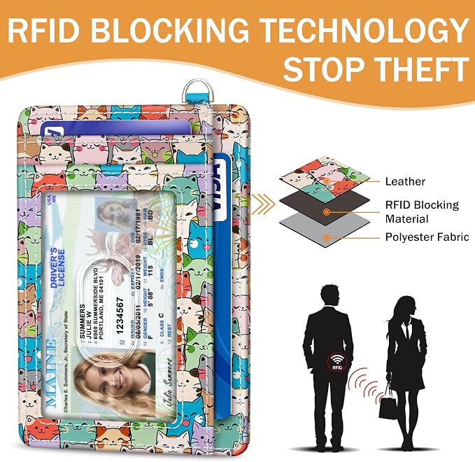 Yonlevres Cat Credit Card Holder Slim RFID Wallet Women Small Travel Cute | Front Pocket, Handy, RFID Blocking, Woman Girls Ladies Gifts, D-ring for Keychain,Thin Mini Card Case, ID Window, PU Leather - Image 5