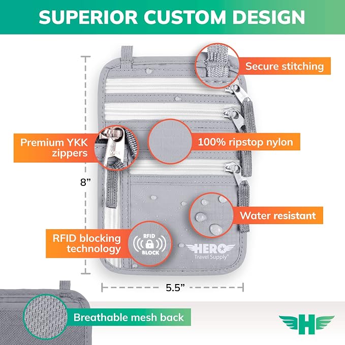 HERO Neck Wallet - RFID Blocking Passport Holder, Easy to Conceal Travel Pouch (Ash Grey) - Image 3