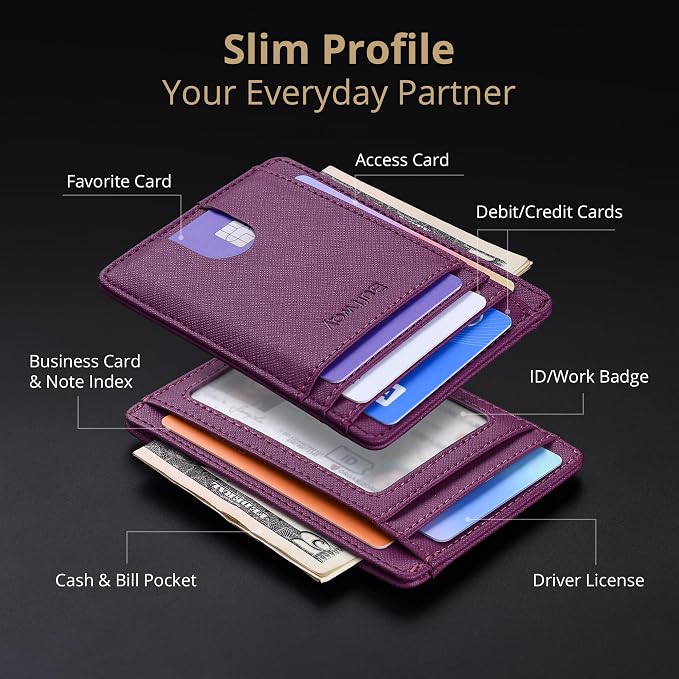 Buffway Slim Minimalist Front Pocket RFID Blocking Leather Wallets for Men and Women - Cross Purple - Image 3