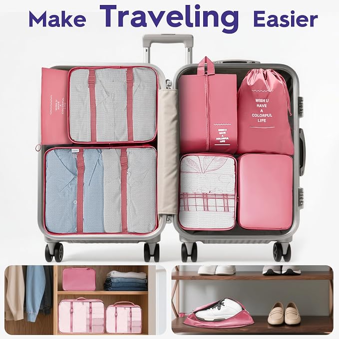 Fosmon 8-Piece Packing Cubes, Pink Travel Luggage Organizer Set | Mesh storage bags for clothes/shoes/toiletries, durable, lightweight, ideal for carry-on and vacation, 8-piece set, pink. - Image 5