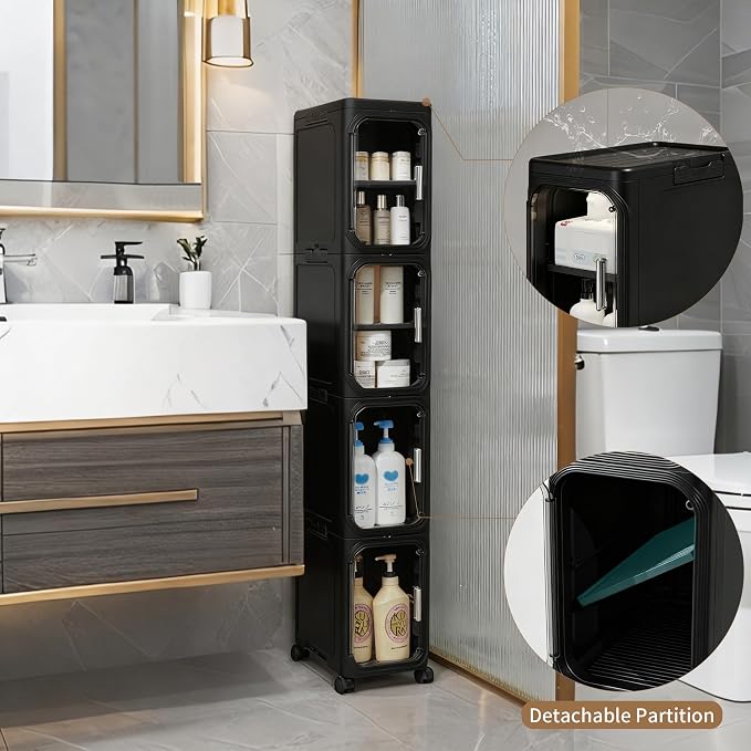 LXLXXL 5-Tier Narrow Storage Cabinet Slim Bathroom Tall Skinny Organizer | Movable Slim Storage Cabinet with Lockable Rolling Wheels Adjustable Detachable Shelves Snap Assembly for Small Spaces,Black - Image 3