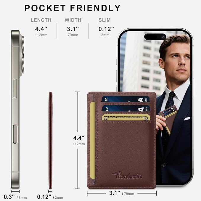 Travelambo 100% Genuine Leather Wallet for Men and Women, Slim Minimalist RFID Blocking Front Pocket Credit Card Holder with Gift Box(Brown 01) - Image 5