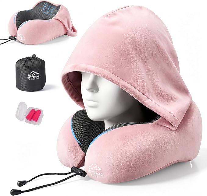 SkytraxComf® Travel Neck Pillow with Hood for Privacy on Long Flights | Memory Foam | Airplane Sleep | Safety-Tested Materials | Extra Large Hood | Chin Support | Earplugs | Washable Cover by SKYTRAXCOMF