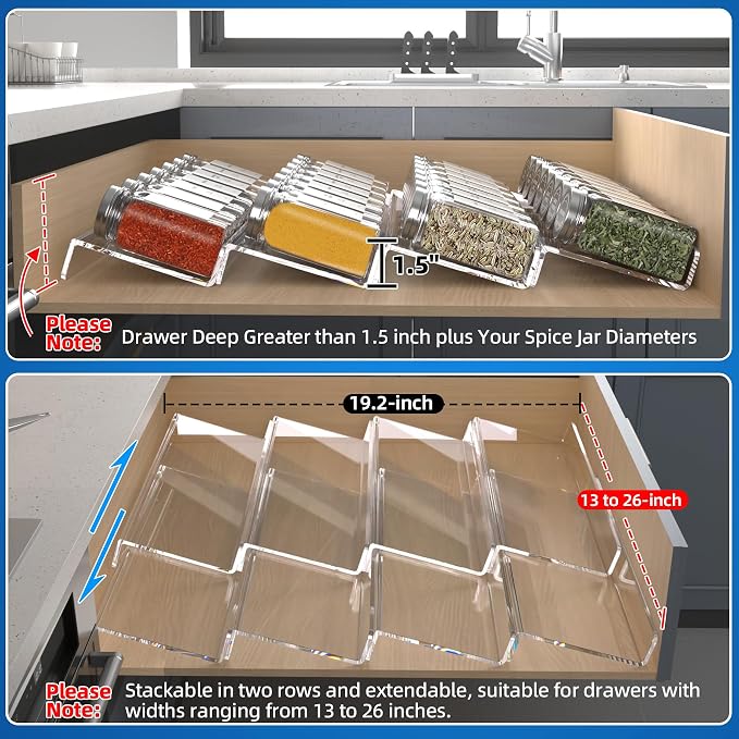 MIUKAA Clear Acrylic Spice Drawer Organizer, 4 Tier- 2 Set Expandable From 13" to 26" Drawer Seasoning Organizer, Kitchen Spice Rack Tray for Drawer/Countertop (Jars not included) - Image 3