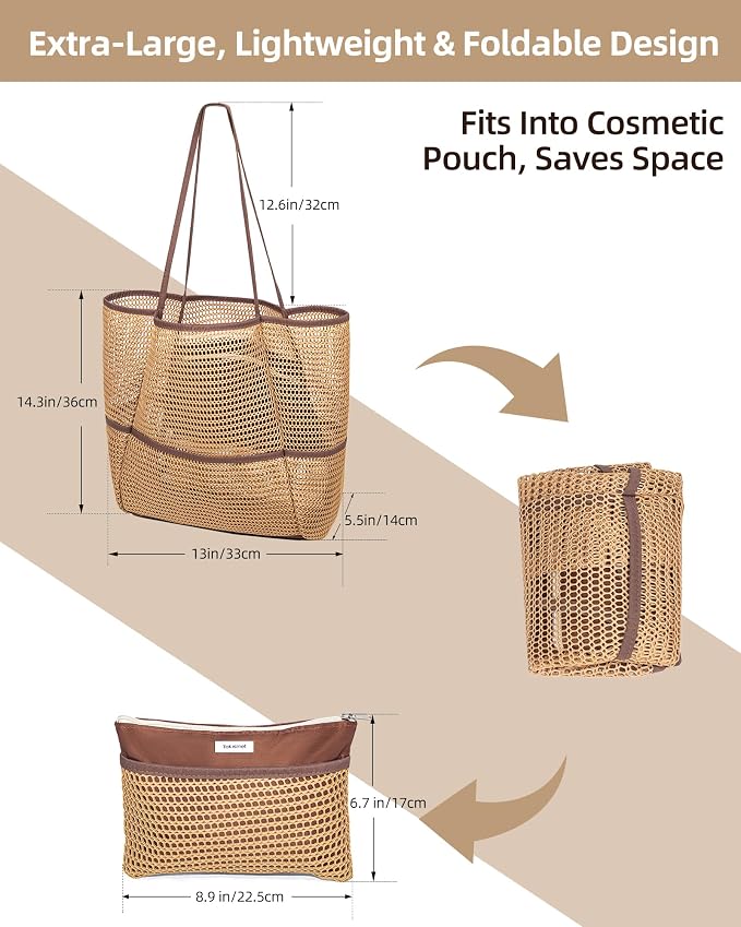 Mesh Beach Tote Bag for Women, 2-in-1 Large Lightweight Foldable Design | Packable into Matching Makeup Pouch | Multiple Pockets | Quick-Dry Sandproof Mesh | Beach, Pool, Travel, Shopping & Gym - Image 5
