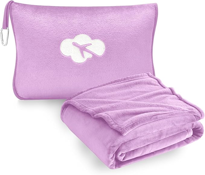 Travel Blanket and Pillow Compact, Premium Soft 2 in 1 Airplane Blanket with Soft Bag Pillowcase，Hand Luggage Sleeve and Backpack Clip (Solid Purple) by JungleStar