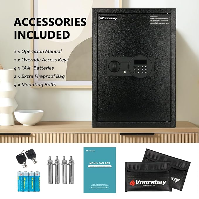 Voncabay Money Safe Box for Home with Digital Keypad, 2.2 Cu. Ft., Black | Alloy Steel, 2 Fireproof Bags, Digital Keypad with Display, Removable Shelf, Fits A4, 13.1 x 19.7 x 13.8 In. - Image 5