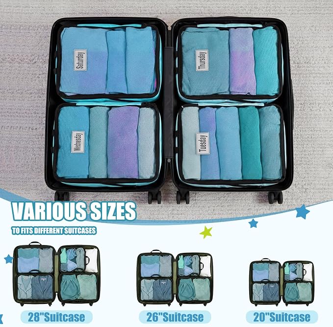 7 Pcs Packing Cubes for Travel Days of Week,Blue,Large - Image 4