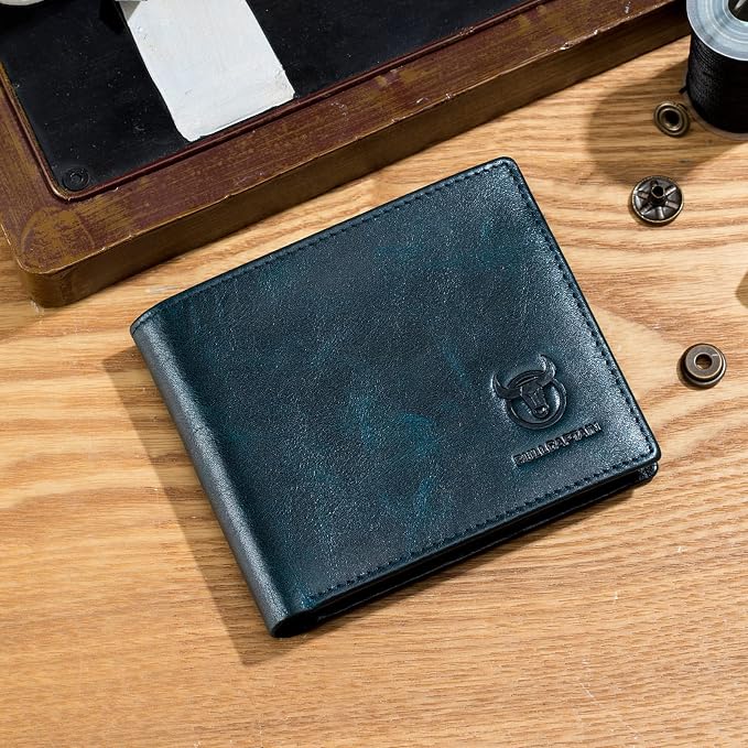 BULLCAPTAIN RFID Wallets for Men,Genuine Leather Wallet QB-05(Peacock Blue) | Slim,Bifold,Front Pocket Wallet, 2 ID Windows,11 Card Slots,RFID Blocking Technology,Gift Choice - Image 2