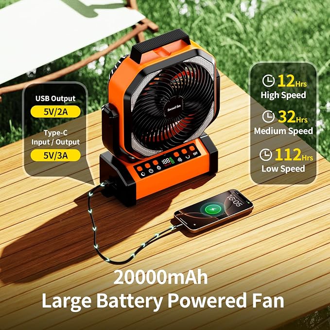 Socool Camping Fan with Light, 20000mAh Rechargeable Battery Fan with Remote, 112Hrs & 8 Speeds, Digital Display, Timer, Auto Oscillation, 270° Pivot & Hook for Outdoor Tent, Hurricane, Power Outage - Image 4