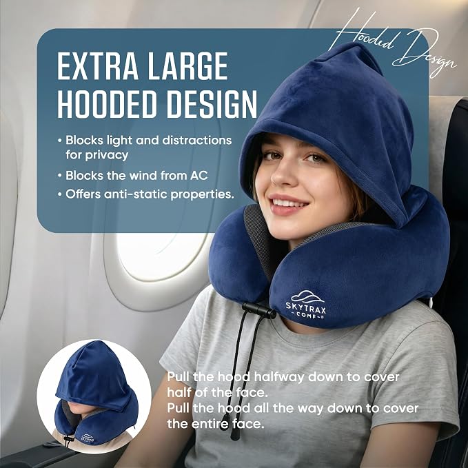 SkytraxComf® Travel Neck Pillow with Hood for Privacy on Long Flights | Memory Foam | Airplane Sleep | Safety-Tested Materials | Extra Large Hood | Chin Support | Earplugs | Washable Cover - Image 2