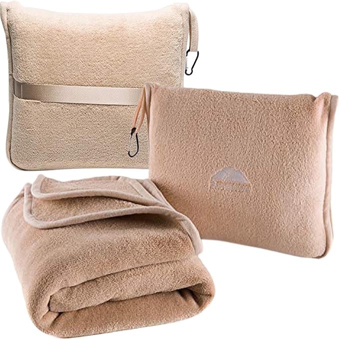 BlueHills Premium Soft Travel Blanket Pillow Airplane Throws Packable Beige | Ultra Soft Plush Travel 2 in 1 Blanket, Zipper Case with Hand Luggage Belt & Backpack Clip, Compact Portable Flight Throws by BlueHills