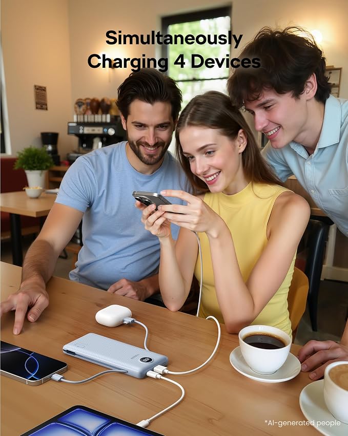 VEGER Portable Charger, 10000mAh Power Bank Built in Wall Plug and Cables | Ultra Slim&Compact, Charge 5 Devices at Once, Flight-Safe, Travel Essentials Battery Pack for iPhone 17, iPad, Samsung, etc - Image 3