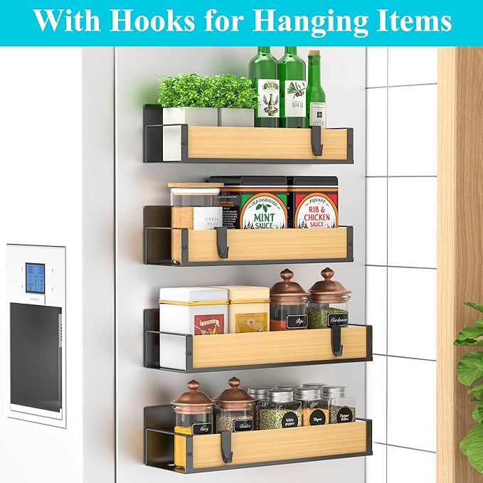 HuggieGems 4 Pack Magnetic Spice Storage Rack Organizer for Refrigerator and Oven, Wood Fridge Organizers and Storage | Magnetic Shelves Heavy Duty for Fridge in Kitchen, Seasoning Storage Organizer, For Oven Washer and Dryer, For Heavier Items - Image 2